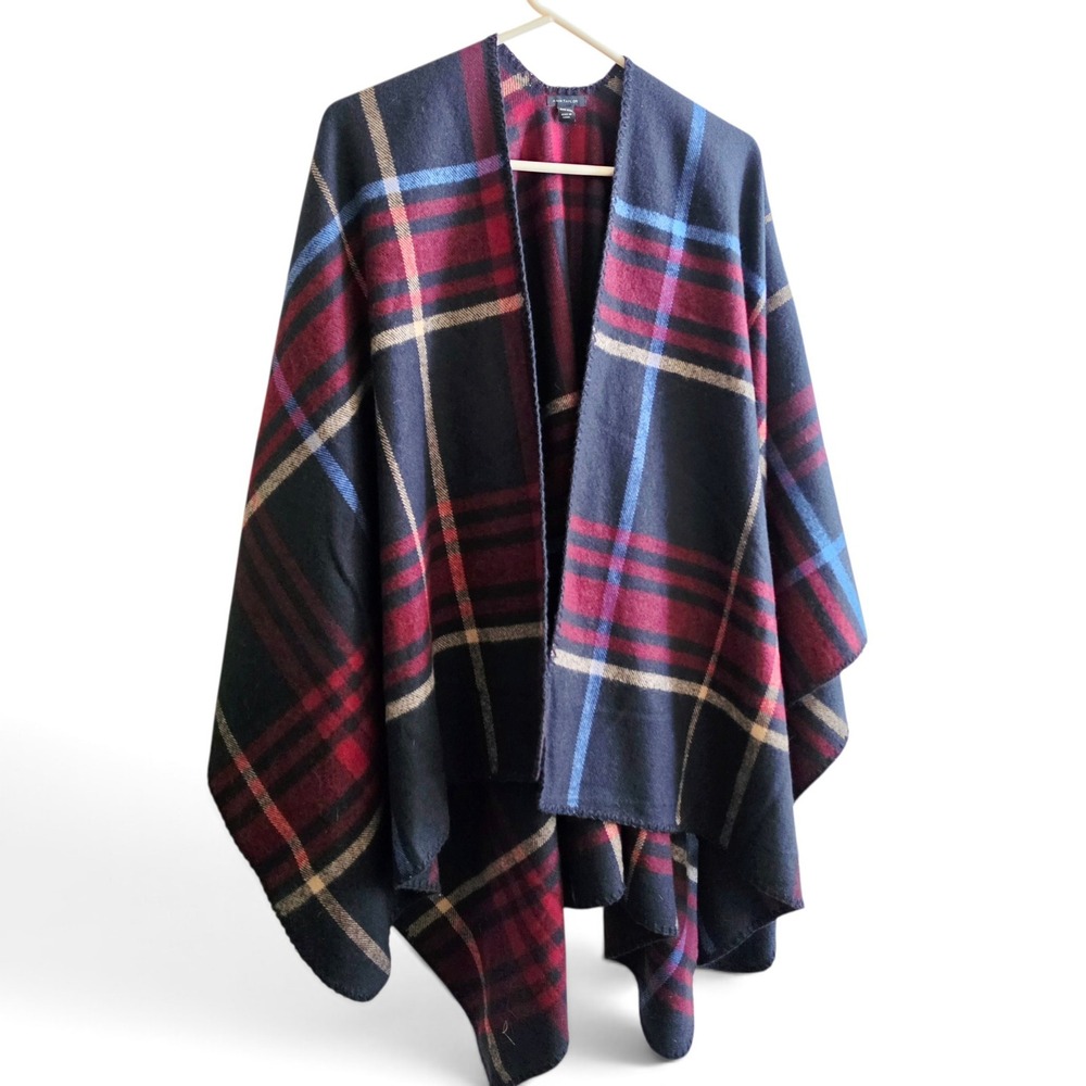 Ann Taylor Tartan Plaid Cape/Wrap Open Front Women's One Size Navy Red Tan